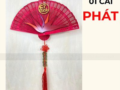 Vòng treo cửa Tết Quạt đỏ hoa Thiên Điểu [Đa dạng chữ - Quạt gỗ] QUAT-08